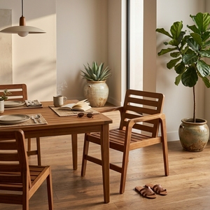 Fauteuil de patio en teck massif avec lattes, chaise de salle à manger d'extérieur moderne, chaise longue en bois à base de traîneau, article de mobilier - Product Image 2