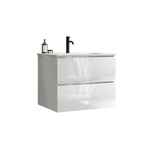 Mobile Bagno Sospeso Bianco Lucido da 24 Pollici con Ampio Spazio di Stoccaggio, Lavabo in Ceramica e Un Foro per Rubinetto, Design Flottante - Product Image 6