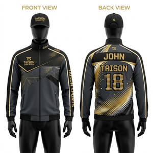 Chaqueta de entrenamiento de voleibol para hombre, premium, 220 GSM, tela de poliéster entrelazado, color dorado, panel geométrico en el pecho, estampado por sublimación - Product Image 2