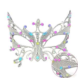 Masque de soirée papillon en dentelle argentée en plastique avec strass multicolores, demi-masque pour les yeux - Product Image 2