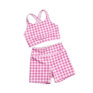 Pink Gingham Yoga Set Cross Back Sports Bra and High Waist Workout Shorts Two Piece Gym Outfit Set For Women - Product Image 5