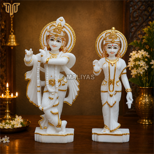 Marble Radha Krishna Statue | Handcrafted White Marble Radha Krishna Murti Set | Lord Krishna Radha Idol | MALIYAS - Product Image 1