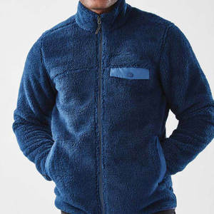 Veste polaire Sherpa bleu indigo personnalisée à fermeture éclair intégrale, texture à poils longs, poche poitrine à rabat à bouton-pression, pour l'hiver et le quotidien, vente en gros - Product Image 1
