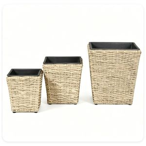 Set di 3 Fioriere in Rattan Intrecciato Resistenti ai Raggi UV, Contenitori per Piante in PP con Fodera Rimovibile e Fori di Drenaggio per Uso Interno ed Esterno - Product Image 4