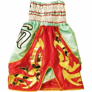 Shorts de Muay Thai pour hommes, style rouge et or, broderie flamme, satin, taille haute, élastique, respirant - Product Image 3
