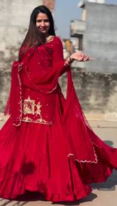Ensemble Salwar Kameez brodé rouge pour femmes, robe ethnique avec dupatta en filet pour mariage, fête, Diwali - Product Image 2