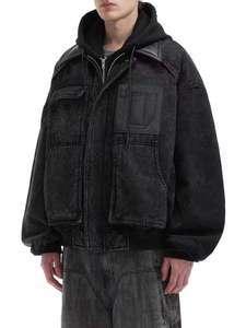 Veste en jean à capuche zippée pour homme, une nouvelle veste rembourrée en coton élégante et rétro en deux parties - Product Image 5