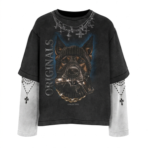 Camiseta Premium de Doble Capa de Algodón Felpa de 240 GSM, Negra, con Estampado Gráfico Desgastado, Manga con Panel y Logotipo Personalizado - Product Image 3