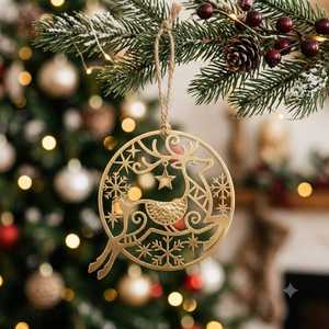 Adorno Navideño de Latón con Diseño de Cabaña de Invierno, Cabaña de Nieve, Estrella del Bosque, Medallón Redondo, Colgante para Árbol de Navidad, Venta al por Mayor - Product Image 1