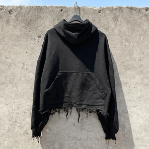 Sweat à capuche déchiré pour homme, ourlet effiloché, coupe oversize, en polaire douce, avec poche kangourou, style streetwear décontracté - Product Image 4