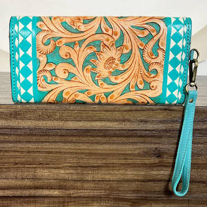Wristlet Hand Tooled Genuine Leather <b>Women</b> Floral Checkered Design Clutches Luxury <b>Card</b> Holder Evening <b>Wallet</b> For Shopping - Product Image 5