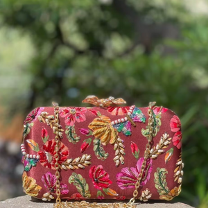 <b>Red</b> Floral Embroidered Clutch for Women | Beaded Evening <b>Purse</b> with Chain Strap for Wedding Party Festive Events Elegant Designs - Product Image 2