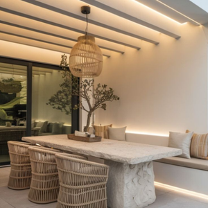 Ensemble de salle à manger d'extérieur au design moderne, résistant aux UV, écologique, imperméable, en rotin, aluminium et bois massif, Vietnam Park, capacité 6 personnes - Product Image 1