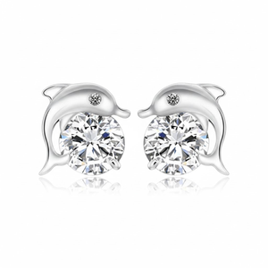 Nouveauté 2026 – Boucles d'oreilles clous en or blanc 10K et argent sterling 925 avec diamant rond de laboratoire en forme de dauphin – Clous délicats – Cadeau élégant - Product Image 1