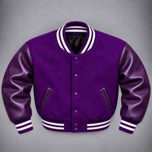 Veste universitaire pour homme en violet, manches en cuir PU, couleur unie, col rabattu, fermeture à boutons, vêtement d'automne - Product Image 1
