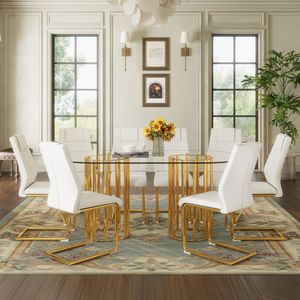 Tavolo da Pranzo Ovale di Lusso in Vetro Temperato da 71 Pollici con Sedie in PU Bianco di Alta Qualità con Doppia Colonna Dorata, Set da Pranzo - Product Image 1