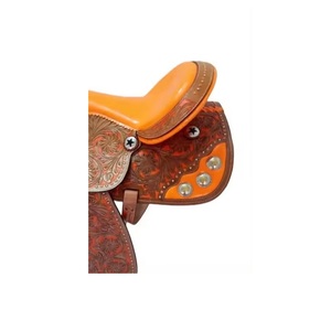 Western Brown Leather Floral Hand Carved Orange Soft Seat Crystal <b>Studded</b> Star Conchos Barrel Horse Saddle - Product Image 2