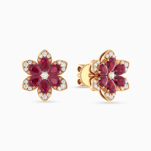 Pendientes de flor en oro rosa con incrustaciones de rubí y diamante de talla brillante redonda, joyería de lujo para fiesta para mujer - Product Image 3