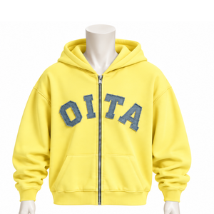 Customized Light <b>Yellow</b> <b>Mens</b> Full Zip <b>Hoodie</b> Chenille Letter Patch Heavyweight Fleece Oversized Casual Streetwear Sweatshirt - Product Image 1