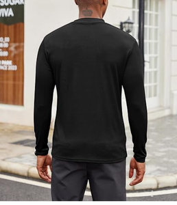 Chemise décontractée tricotée à manches longues pour homme, couleur unie, col montant, manches longues, pour l'automne, bleu, noir, col rond pour homme - Product Image 3