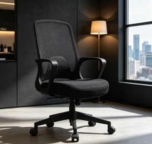 Chaise de bureau ergonomique en acier avec accoudoirs réglables, dossier ouvert, base pivotante, réglage manuel, design moderne, noir - Product Image 1