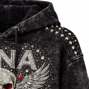 Hoodie Oversize de Luxe Écologique Streetwear Hiver, Effet Délavé Acide, Orné de Strass et Pierres Précieuses - Product Image 4