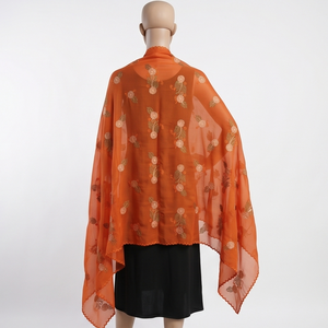 Écharpe ethnique d'été légère et respirante en mousseline orange pour femme, broderie florale et strass, idéale pour le quotidien en extérieur - Vente en gros - Product Image 5