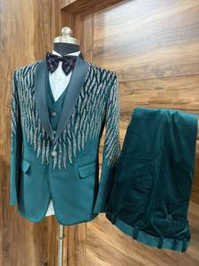 Smoking de mariage vert émeraude pour homme avec embellissements en cristal |   Costume de marié 3 pièces |   Ensemble de blazer formel de luxe sur mesure - Product Image 4