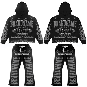 Ensemble de survêtement de luxe personnalisé en coton 100% épais, effet délavé, avec sweat à capuche zippé et pantalon de survêtement orné de strass pour l'hiver - Product Image 2