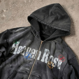 Sudadera con capucha extragrande con cremallera y pedrería, estilo vintage, lavado ácido, streetwear, algodón grueso, grunge, Y2K, OEM - Product Image 3