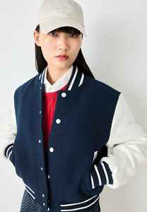Women's Navy Blue Varsity <b>Jacket</b> Knitted Viscose Solid Color Preppy Style Stand Collar <b>Short</b> <b>Sleeve</b> Regular Fit Autumn Wear - Product Image 6
