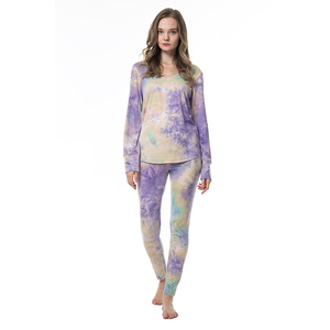 Ensemble 2 pièces pour femmes, tie-dye, manches longues, col rond, tricot décontracté en coton et élasthanne, coupe ample, pantalon long, haut, à porter en toutes saisons - Product Image 2