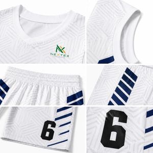 Ensemble de maillots de basket-ball sublimés personnalisés pour hommes, blanc et bleu marine, uniforme en mesh rayé, tenue d'équipe avec shorts, fabricant OEM - Product Image 4