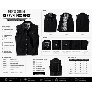 Custom Men's Summer <b>Black</b> 100% Cotton <b>Denim</b> Sleeveless <b>Vest</b> Raw Edge Biker Casual Streetwear Waistcoat - Product Image 6