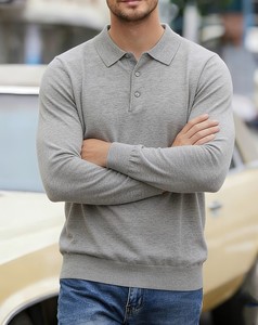 Pull en maille polyester/coton pour homme, léger et respirant, service OEM, couleur unie, col à revers, manches longues, couche de base décontractée pour le printemps - Product Image 3