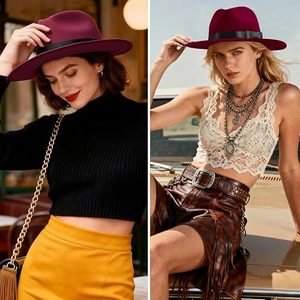 Burgundy Wool Fedora Hat with Black Ribbon Band Wide Brim Unisex Formal Style for Party Four Seasons Adult Accessory - Product Image 2