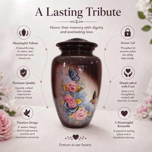 Urna Funeraria de Aluminio Floral para Cenizas Humanas, Urna Conmemorativa con Diseño de Rosa y Mariposa, Urna Funeraria Artesanal para Adultos con Cierre Seguro - Product Image 5