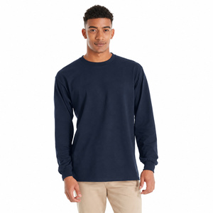 Custom Mens <b>Navy</b> <b>Long</b> <b>Sleeve</b> <b>T</b> <b>Shirt</b> Crewneck Plain Tee Rib Cuff Top Wholesale Private Label Basics - Product Image 1
