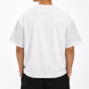T-shirt unisexe en coton grande taille, coupe courte, premium, 260 GSM, imprimé DTG, motif strass, streetwear, ourlet déchiré - Product Image 3