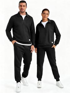 Conjunto Deportivo para Hombre, Negro, con Cierre de Cremallera a la Mitad, Manga Larga, Color Sólido, Informal, Transpirable, de Poliéster, Corte Regular, Pantalones con Cordón Ajustable - Product Image 3