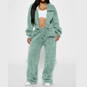 Custom Logo Acid Wash Tracksuit Women Heavyweight Fleece <b>Crop</b> <b>Zip</b> <b>Up</b> Hoodie Wide Leg Sweatpants 2 Piece Set Streetwear - Product Image 1
