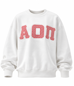 เสื้อสเวตเชิ้ตคอกลมสีขาวสำหรับผู้หญิง ลายตารางแดง ปักอักษร Alpha Omicron Pi ด้านหน้า สไตล์ลำลองสำหรับฤดูใบไม้ร่วง ผลิตจากผ้าฝ้ายถัก - Product Image 1
