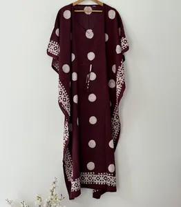 Premium Purple Block Print Cotton Kaftan <b>Dress</b> <b>Boho</b> Floral Caftan with V Neck Short Sleeves and Tie Waist <b>Summer</b> <b>Dress</b> - Product Image 2