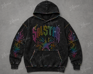 เสื้อฮู้ดดี้ผู้ชายลายกราฟิกประดับเพชรเทียม สไตล์สตรีทแวร์สีดำทรงโอเวอร์ไซส์ ฮิปฮอป พร้อมลายปักและเลื่อม - Product Image 4