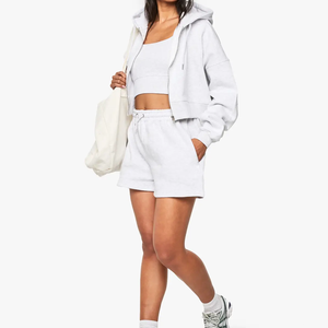 New Arrival High Quality Women's Plus Size Solid Fleece Hooded Panelled Loose Gym Wear Hoodie Shorts <b>Set</b> Latest Summer Style <b>Set</b> - Product Image 3