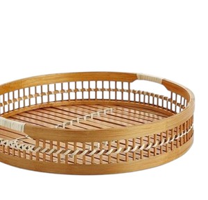 Trusted Factory Wholesale Handmade Round Rattan <b>Tray</b> <b>Wood</b> Serving <b>Tray</b> For Hospitality Table Centerpiece Arrangement - Product Image 3