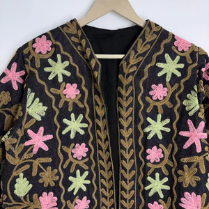 Handmade Indian Suzani Embroidery <b>Reversible</b> Bomber Velvet <b>Jacket</b> Women Floral Stripe Button Quilted Cotton Filling - Product Image 4