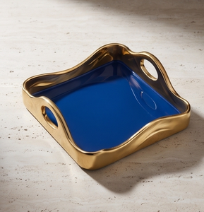 Handcrafted Square Blue Enamel Serving <b>Tray</b> <b>Gold</b> Wavy Rim Cutout Handles Decorative <b>Coffee</b> <b>Table</b> Vanity Perfume Catchall Platter - Product Image 3