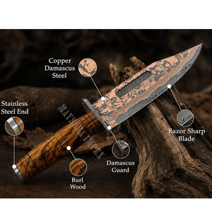 Couteau artisanal en cuivre damas, couteau de chasse en cuivre, manche en bois de burl exotique, couteau à lame fixe en cuivre - Product Image 5