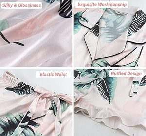 Ensemble de pyjama en satin pour femme, manches courtes, short imprimé vert, élégant, taille élastique, col rabattu, taille mi-haute, séchage rapide - Product Image 2